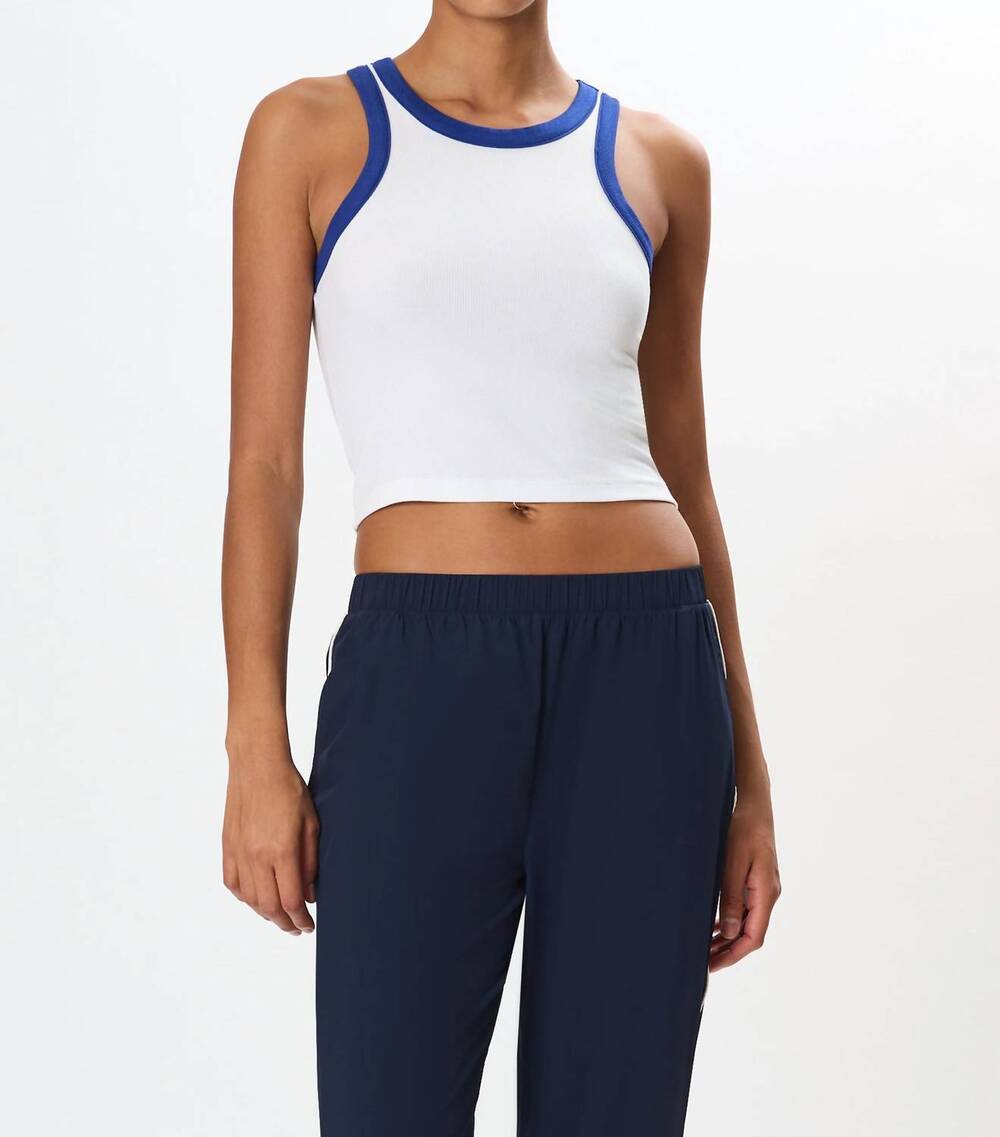 NEW SPLITS59 kiki crop rib tank top in white/cobalt